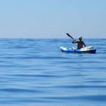 Una persona dentro de un Kayak en un mar azul paleando al horizonte